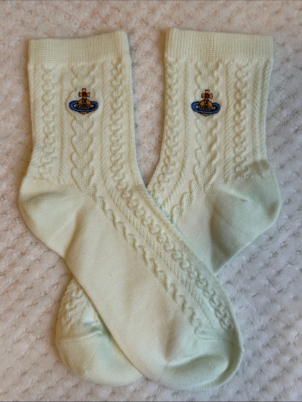 NWOT Vivienne Westwood Unisex Cable Knit Crew Socks With Orb Logo - Mint Green